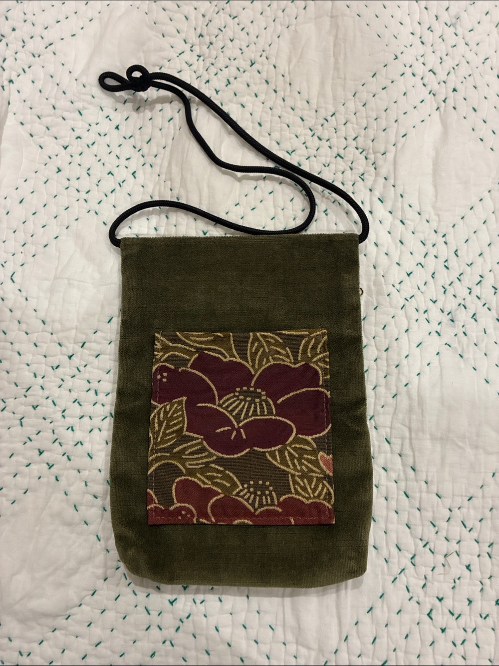 Olive Green Velvet Crossbody Bag with Floral Pocket